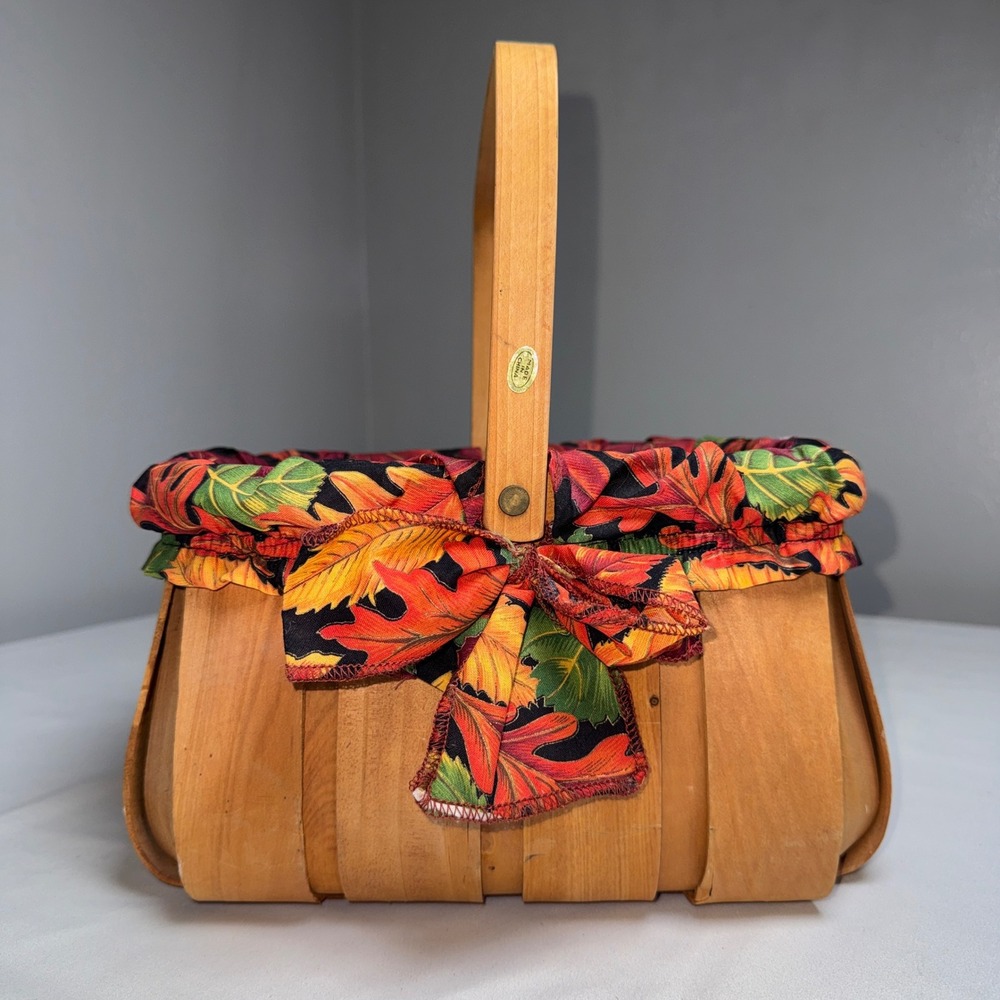 Vintage Woven Wood Splint Basket Autumn Leaf Fabric Liner Fall Decor Centerpiece